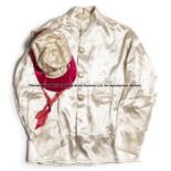Set of vintage racing silks in the colours of the American racehorse owner Ada L. Rice, white jacket