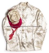 Set of vintage racing silks in the colours of the American racehorse owner Ada L. Rice, white jacket