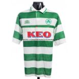 Two green & white hooped AC Omonia Nicosia jerseys, both short-sleeved, a No.11 & a No.16 These were