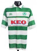 Two green & white hooped AC Omonia Nicosia jerseys, both short-sleeved, a No.11 & a No.16 These were