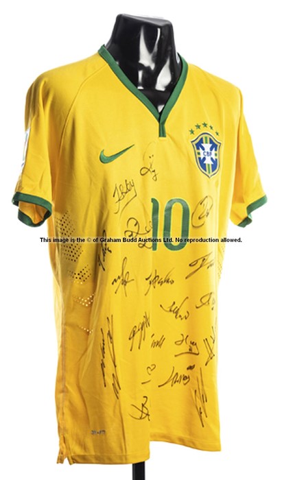Brazil 2014 World Cup squad signed Neymar Jr. No.10 replica jersey, 24 signatures in black marker