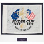 2010 Ryder Cup souvenir Celtic Manor pin flag signed by the winning European team, signatures
