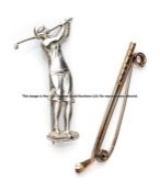 A 9ct gold golf club and pearl brooch, the club with pin back and pearl applied ball, the club