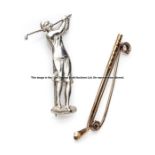 A 9ct gold golf club and pearl brooch, the club with pin back and pearl applied ball, the club