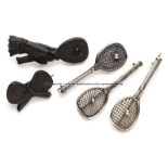 A Victorian jet hand and racquet tennis brooch, sold together with a small jet cross racquet brooch;