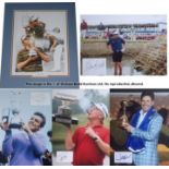 Five signed colour photographic displays of golf legends, mounted studies with inset signatures,