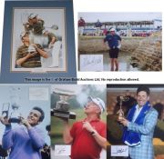 Five signed colour photographic displays of golf legends, mounted studies with inset signatures,