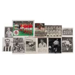 Collection of signed football memorabilia, including photographic prints, match programmes, magazine