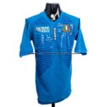 Mirco Bergamasco Italy FIR rugby blue No.11 jersey from the 2011 Rugby World Cup, short sleeved with