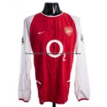 Gilberto Silva Arsenal FC red and white No.19 home jersey circa 2003, match issue, long-sleeved,