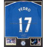 Pedro signed replica Chelsea FC jersey 2015-16, mounted together with two colour photographs, the