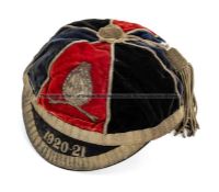 A 1920-21 sporting representative cap, red & black quarters with Bishop Auckland crest, the interior