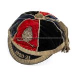 A 1920-21 sporting representative cap, red & black quarters with Bishop Auckland crest, the interior