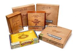 Collection of six Lester Piggott signed varied wooden cigar boxes, each signed to the lid by