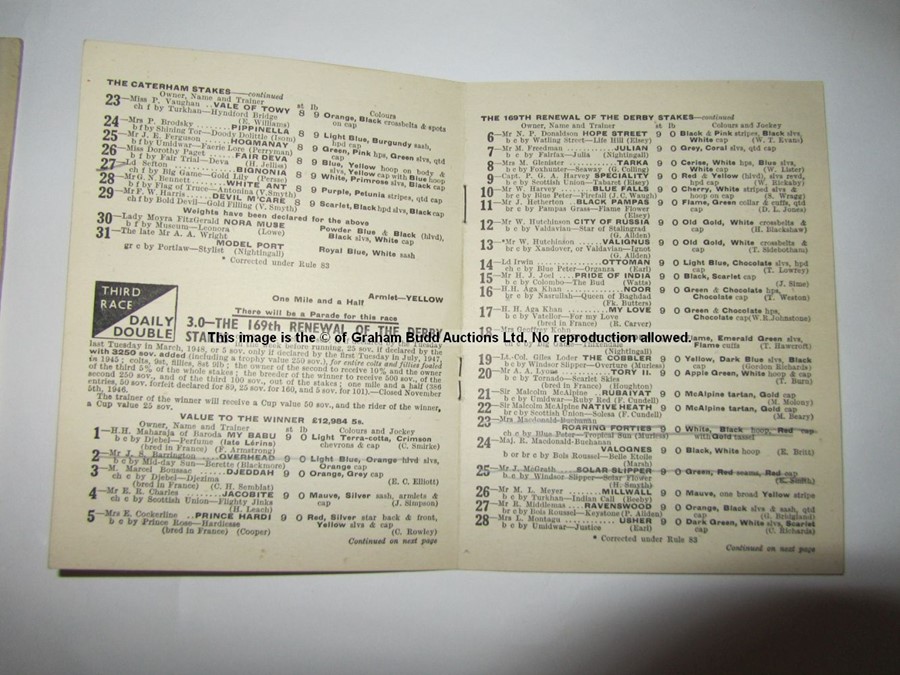 Four 1940s Epsom Derby Day racecards, comprising 1946 (Airborne), 1947 (Pearl Diver), 1948 (My Love) - Image 9 of 21