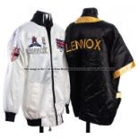 Two Lennox Lewis jackets, comprising an Everlast black and yellow banded short sleeved ring jacket