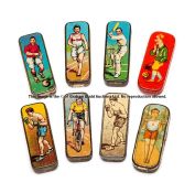 Collection of eight Edwardian pen nib tins circa 1910, all sports represented athletics, football,