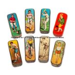 Collection of eight Edwardian pen nib tins circa 1910, all sports represented athletics, football,