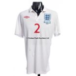 Wes Brown white England No.2 jersey worn in the International friendly v Brazil played at the