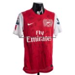 Theo Walcott team-signed Arsenal FC red and white No.14 home jersey season 2011-12, 23 signatures in