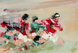 Louis Durran (b.1950) RUGBY MATCH signed lower left DURRAN, oil, possibly on board, mounted and