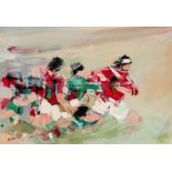 Louis Durran (b.1950) RUGBY MATCH signed lower left DURRAN, oil, possibly on board, mounted and