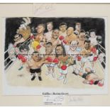 Four framed boxing memorabilia, including Henry Cooper signed items, plus a Griffin print with cut-