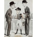 'Tout' cartoon of Royal jockey Joe Childs with applied signature of H.R.H.The Princess Mary, b&w