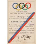 Rare 1924 Paris Olympic Games identity card of GB swimming gold medallist Lucy Morton, issued by the