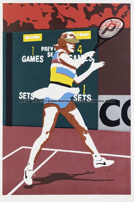 Colourful & decorative poster design featuring a lady tennis player, a Warwick Nelson artist's