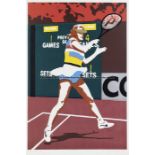 Colourful & decorative poster design featuring a lady tennis player, a Warwick Nelson artist's