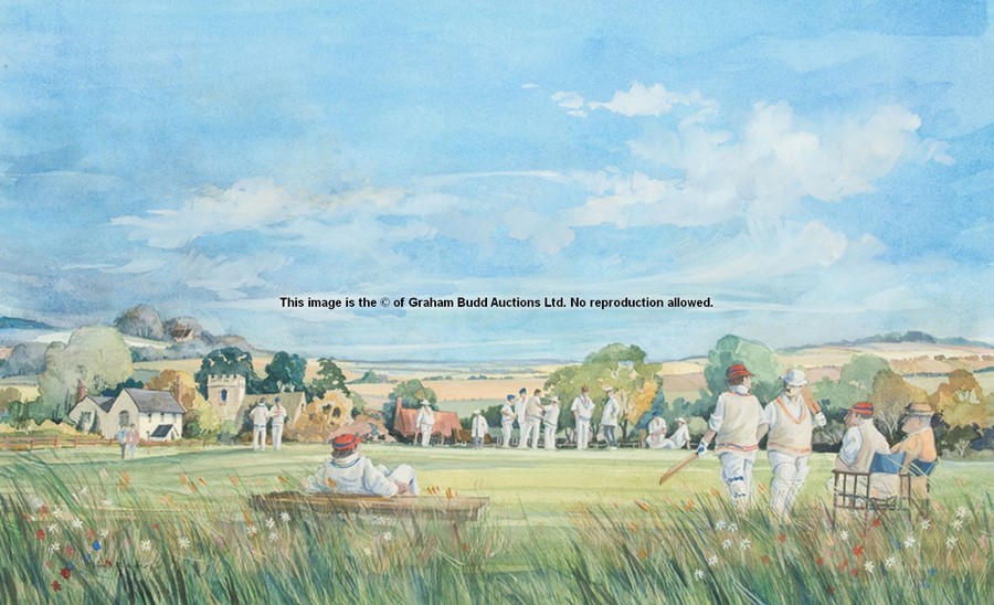 Original watercolour by Hugh Cushing circa 1995 portraying an idyllic English village cricket scene,