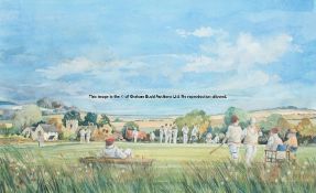 Original watercolour by Hugh Cushing circa 1995 portraying an idyllic English village cricket scene,