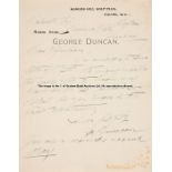 George Duncan handwritten letter to an Olympian, dated 1st December 1925, in ink on letterhead,