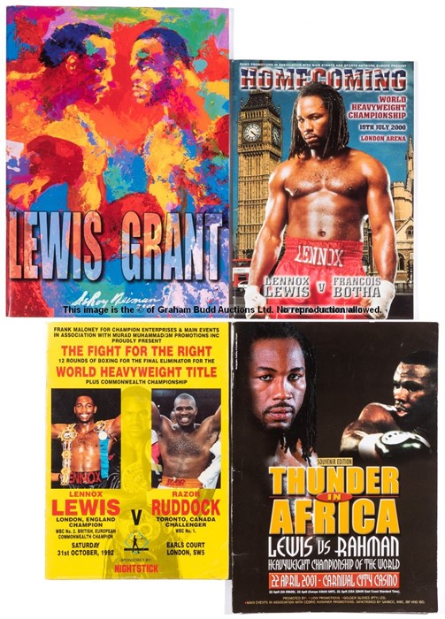 Collection of Lennox Lewis official fight programmes, boxing magazine and books, including Lewis v