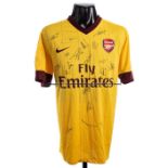 Theo Walcott team-signed Arsenal FC yellow No.14 away jersey, season 2010-11, 20 signatures in black