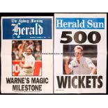 Two Australian news stand broadsheets featuring landmark achievements in the career of the cricketer