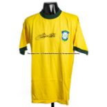 Pele signed Brazil yellow and green replica jersey, short sleeved with CBD crest, fully signed in