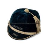 Representative football cap for Great Western Railway Services, 1932 navy velvet cap with silvered