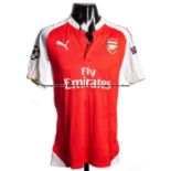 Laurent Koscielny, Arsenal FC Champions League No.6 red home jersey v Bayern Munich on 22nd