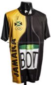 Usain Bolt signed Rio 2016 Olympic team replica Jamaica running vest, signed in black marker; sold