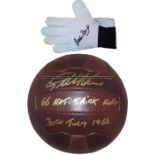 Geoff Hurst signed vintage football and Gordon Banks signed glove, leather football signed by