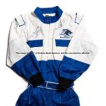 Michael and Ralf Schumacher signed Kartcenter racing suit, blue and white motor racing suit,