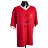 Liverpool FC retro jersey signed by club legends Dalglish, Rush and Gerrard, signatures in black