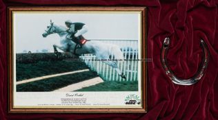 Framed Desert Orchid racing memorabilia, comprising a silvered plate and a photograph of Desert