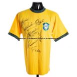 Brazil retro jersey signed by seven 1970 World Cup winning players, comprising Pele, Jairzinho,