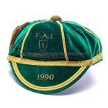 F.A.I Republic of Ireland Under-21 cap 1990 awarded to Jeff Kenna, green velvet with gold braid