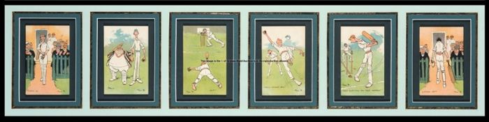 Framed display of a set of six humorous cricket postcards by Tom Browne, Edwardian