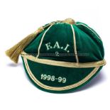 F.A.I Republic of Ireland Senior cap 1998-99 awarded to Jeff Kenna, green velvet with gold braid and