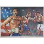 Ken Norton signed boxing print, the artwork by Meadows and dated 2000, depicting Norton in action